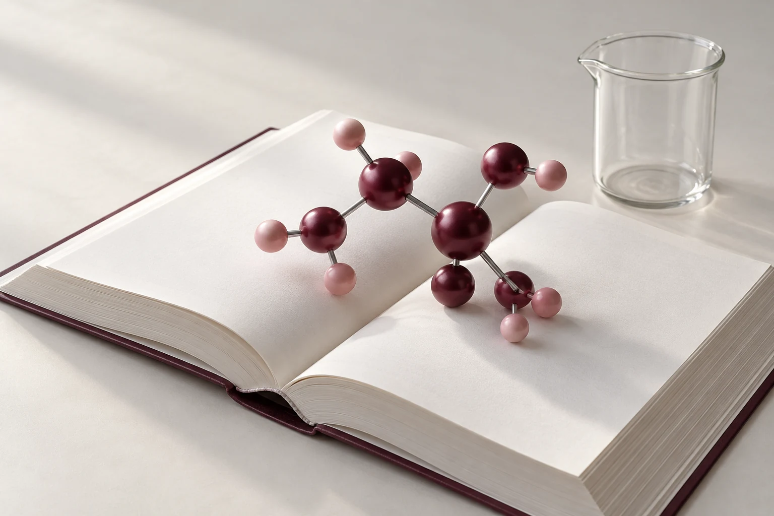 Conceptual pink molecular model on an open textbook beside laboratory glassware